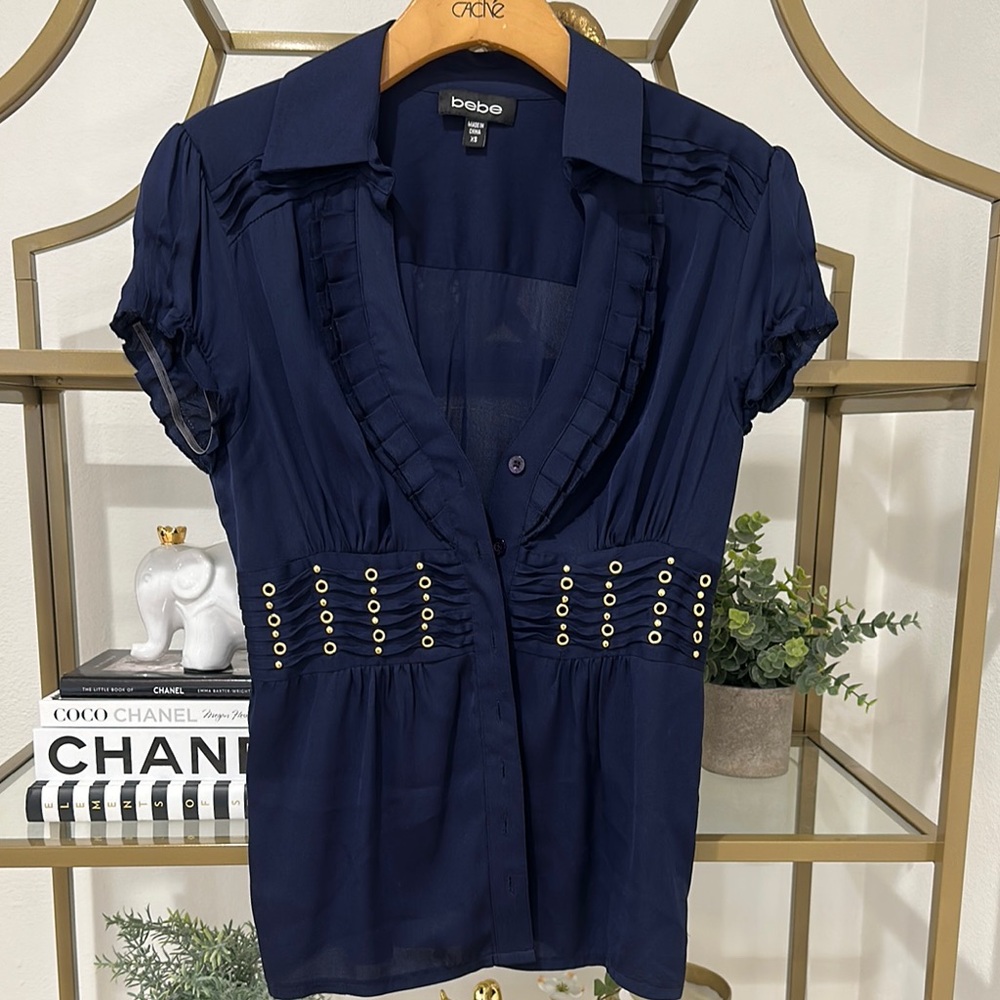 Bebe Silk Blouse with Gold Accents